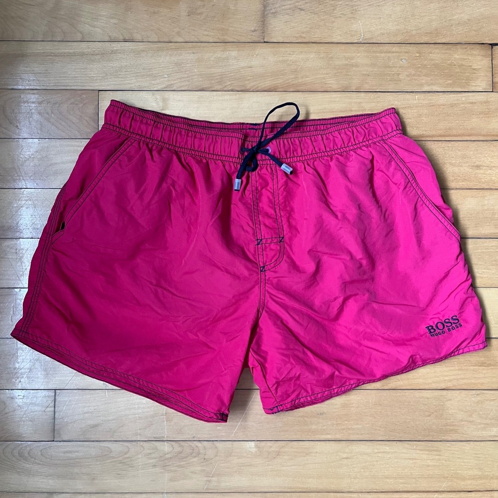 Hugo Boss Mens Swim Trunks Magenta Pink Mesh Lined Drawstring Shorts Size S